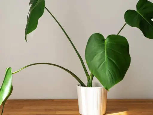 Monstera w białej doniczce na drewnianym blacie. Zastanawiasz się, dlaczego monstera nie ma dziur? To młoda roślina, która dopiero zaczyna rozwijać swoje charakterystyczne liście.