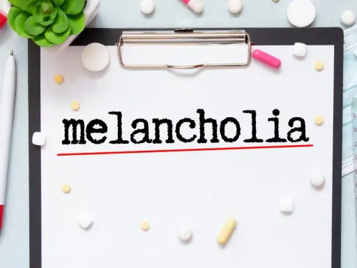 Na kartce widnieje napis "melancholia". Wokół leżą tabletki, strzykawka i maseczka, sugerując walkę z tym stanem.