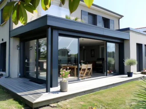 Une véranda moderne avec de grandes baies vitrées s'ouvre sur une terrasse en bois. La nouvelle loi sur les véranda permet de tels agrandissements.