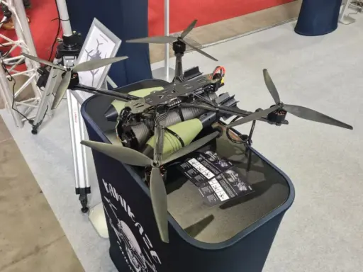 Ich sehe einen großen, schwarzen Quadrocopter mit grünen Zylindern, der auf einem Tisch steht. Die Propeller sind aus Carbon.