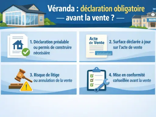 Véranda : déclaration obligatoire avant la vente. Étapes : permis, surface à jour, éviter litiges, mise en conformité.