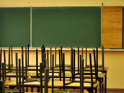 Puste krzesła odwrócone na ławkach w klasie, czekające na uczniów, kiedy idziemy do szkoły.