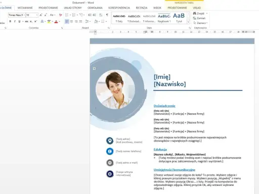 CV wzór Word: szablon z miejscem na zdjęcie, dane kontaktowe, doświadczenie, edukację i umiejętności.