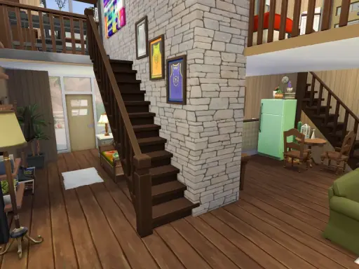 Wnętrze domu w The Sims 4: drewniane schody, kamienna ściana, jasna lodówka i przytulne meble. Idealne do budowania!