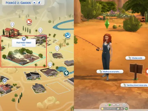 Mapa gry The Sims 4 z zaznaczonym parkiem "Pustynny Kwiat". Obok postać z wędką, gotowa na łowienie ryb.