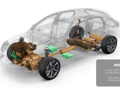 Schemat napędu mild hybrid: silnik, skrzynia biegów DSG, 48V starter-generator i bateria litowo-jonowa.