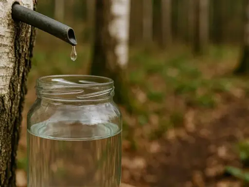 Kropla czystego soku z brzozy kapie do słoika. Wiosenna natura obdarza nas tym cennym płynem.