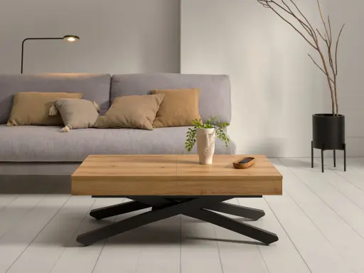 Mesa elevable de madera con motor, ideal para tu salón. Un diseño moderno con patas negras y un estilo único.