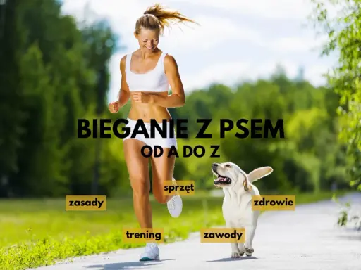 Szczęśliwa kobieta i jej pies biegają po parku. Napis "Bieganie z psem od A do Z" sugeruje kompleksowy przewodnik po tej aktywności.