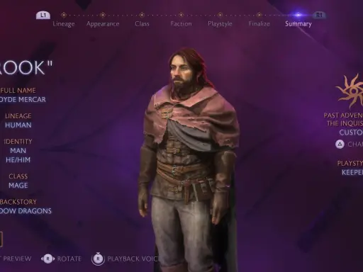 Postać "Rook" w grze Dragon Age 4. Lloyde Mercar, człowiek, mag z przeszłością "Shadow Dragons".