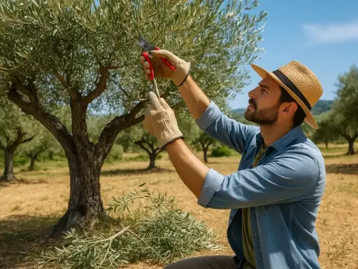 Un homme au chapeau de paille s'applique à tailler un olivier d'ornement, sous un ciel bleu d'été.