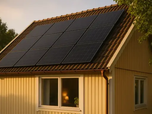 Solpaneler på ett gult trähus. Taket har en minsta lutning för optimal solinstrålning.