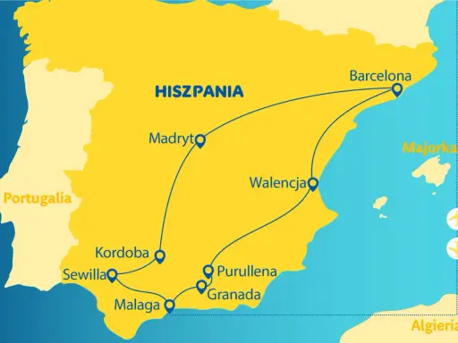 Mapa turystyczna Hiszpanii z zaznaczonymi miastami: Madryt, Barcelona, Walencja, Majorka, Sewilla, Kordoba, Malaga, Grenada.
