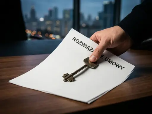 Klucz do wolności. Dokument "Rozwiązanie umowy" i klucz symbolizują, jak odejść z pracy z dnia na dzień, otwierając nowe drzwi.