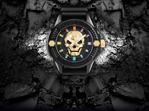 Złoty zegarek Philipp Plein "The Skull" z czaszką i tęczowymi indeksami. Jak rozpoznać oryginał? Detale i jakość wykonania.