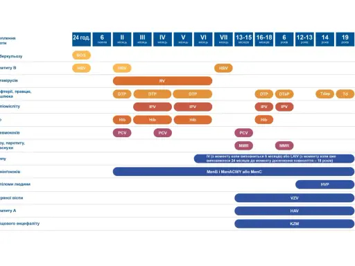 Kalendarz szczepień dzieci: od BCG po szczepienia przeciwko kleszczom, uwzględniający wiek dziecka w miesiącach i latach.