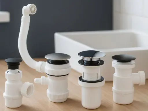 Ensemble de bondes de silicone pour évier, avec tuyau de vidange flexible et bouchons noirs et chromés.