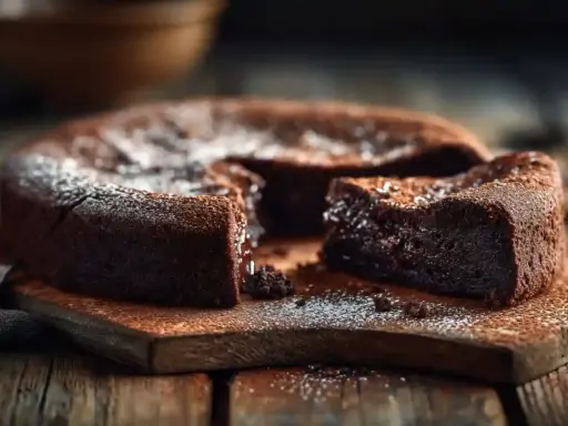 Un délicieux cake au chocolat, saupoudré de sucre glace, est servi sur une planche en bois rustique. Une part est coupée, révélant sa texture moelleuse.