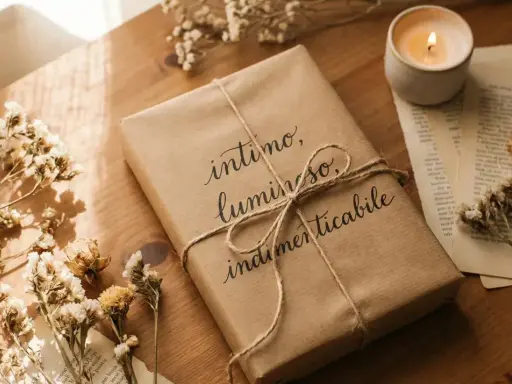 Un libro incartato con cura, con la scritta "intimo, luminoso, indimenticabile", circondato da fiori secchi e una candela accesa. Perfetto per storie da leggere.