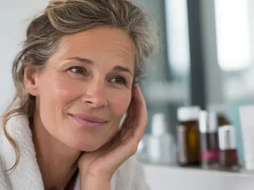 Une femme souriante, aux cheveux grisonnants, se regarde dans le miroir. Elle porte une robe de chambre douce, comme un **trèfle rouge** qui s'épanouit.