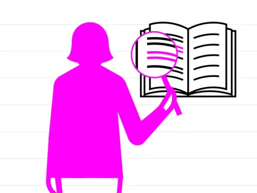 Eine pinke Silhouette einer Person hält eine Lupe über ein offenes Buch mit markierten Zeilen.