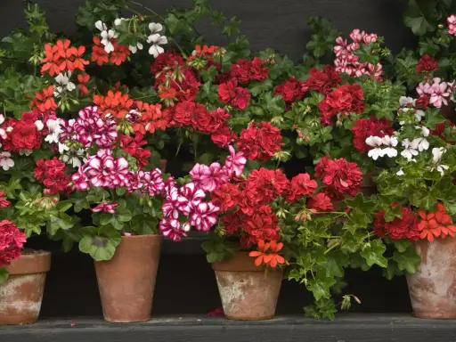 Macizo de geranios en macetas de terracota, con flores rojas, rosas y blancas, creando un vibrante tapiz floral.