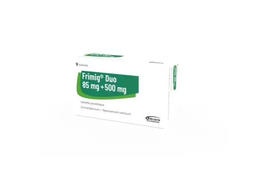 Opakowanie leku Frimig Duo 85 mg + 500 mg, zawierające 9 tabletek powlekanych.