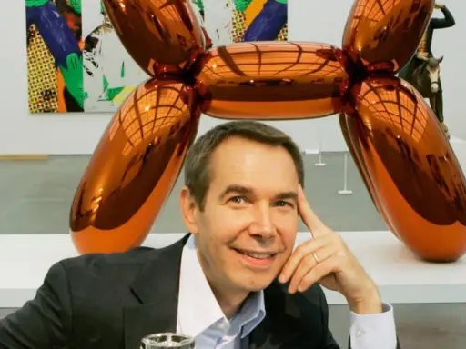 Jeff Koons posa junto a su icónica escultura perro globo naranja brillante en una galería de arte.