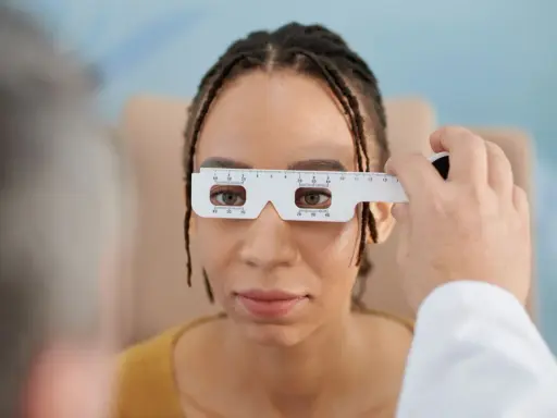 Badanie wzroku u optometrysty. Pacjentka ma na nosie przyrząd do pomiaru rozstawu źrenic. Czas oczekiwania na okulary zależy od wielu czynników.