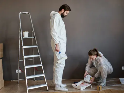 Pareja lista para pintar con pintura. Él sostiene un rodillo, ella vierte pintura en una bandeja. Hay cajas y una escalera.