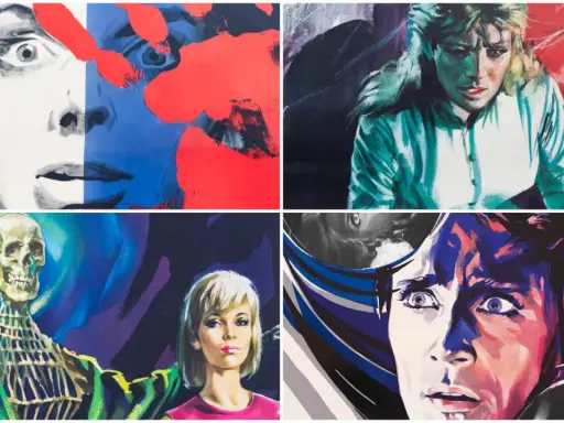 Volti spaventati e uno scheletro in poster di film horror, evocano l'atmosfera dei capolavori di Mario Bava.