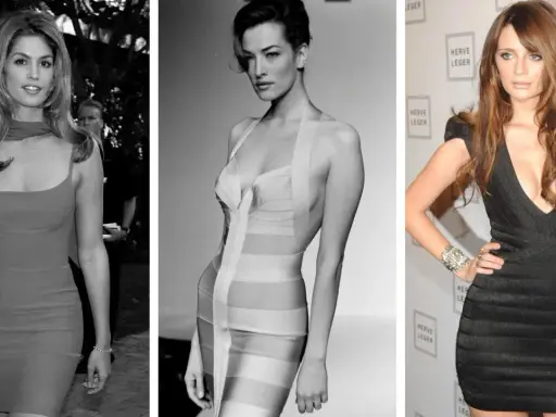 Three women showcase the iconic bandage dress, a symbol of body-hugging glamour and timeless style.