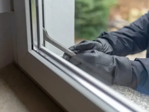 Manos enguantadas forzando una ventana de seguridad con una palanca.