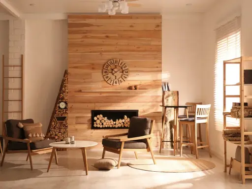 Salón acogedor con chimenea de madera, muebles de estilo rústico y luz cálida entrando por la ventana.