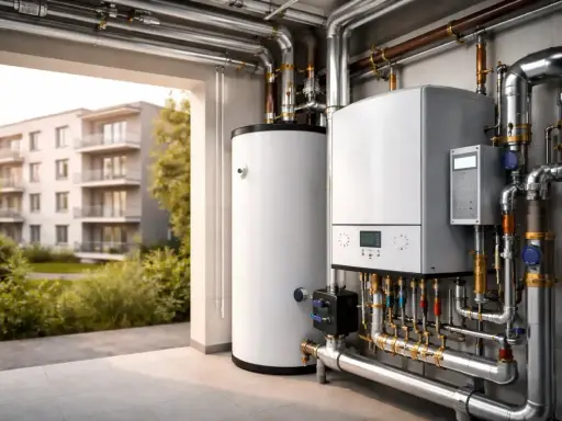 Moderne Gas-Etagenheizung mit großem Warmwasserspeicher, bereit für effiziente Wärmeversorgung eines Mehrfamilienhauses.