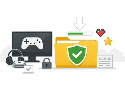 Bezpieczne pobieranie darmowych gier na PC. Monitor z padem, słuchawki, dyski, folder z licencją i zieloną tarczą.