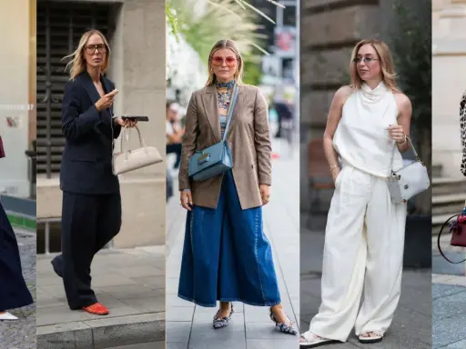 Pięć kobiet prezentuje modne spodnie slouchy stylizacje: od eleganckich garniturów po luźne, szerokie nogawki.