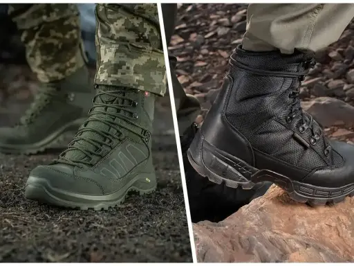 Dwa rodzaje butów trekkingowych: zielone, sznurowane, na ziemi i czarne, na kamieniach. Idealne na trudny teren.