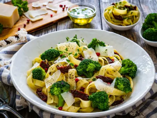 Pyszny makaron z brokułami, suszonymi pomidorami i parmezanem, udekorowany świeżymi ziołami.
