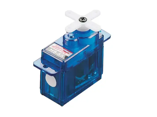 Ein blauer Hitec HS-55 Servo mit weißem Kreuz-Servoarm, bereit für den Einsatz in Modellbauprojekten.