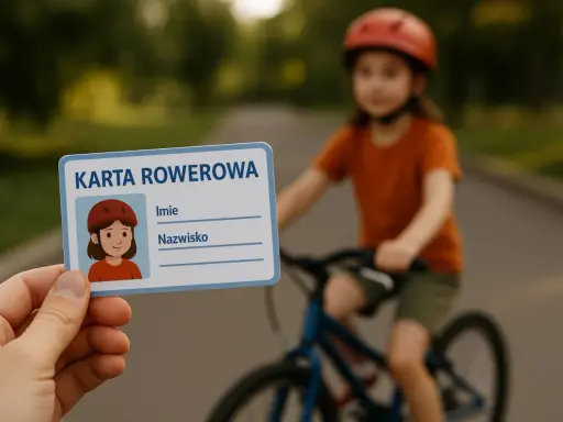 Karta rowerowa czeka na młodego cyklistę. Dziecko w kasku pedałuje, gotowe na egzamin na kartę rowerową.