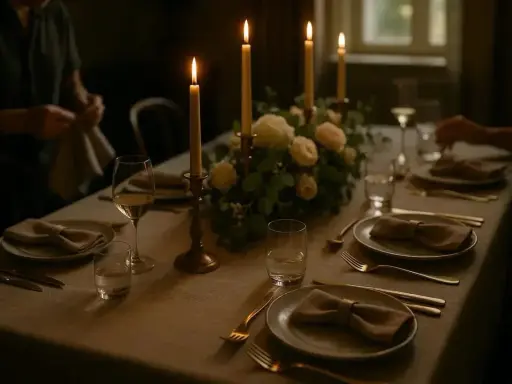 Un dîner aux chandelles, un bouquet floral et des couverts dorés évoquent l'art de la table à la française.