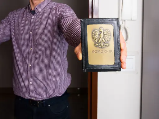 Komornik pokazuje legitymację. Warto znać kwotę wolną od zajęcia komorniczego 2026, by chronić swoje środki.
