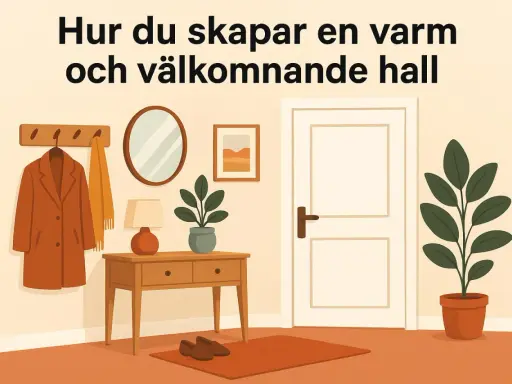 En mysig hall med en rock på kroken, en spegel, en lampa och en växt. En dörr och en matta fulländar bilden.