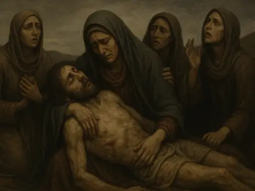 Smutek i rozpacz kobiet nad ciałem Chrystusa. Wzrok skierowany ku górze, jakby szukając pocieszenia w tym trudnym momencie. Lament świętokrzyski.
