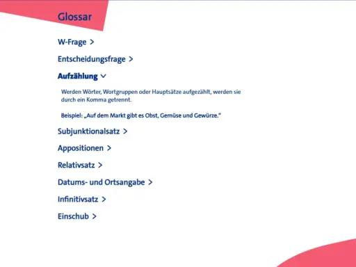 Glossar mit Liste grammatikalischer Begriffe, z.B. Aufzählung mit Beispiel.