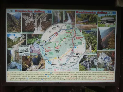 Mapa Kvačianskej doliny s vyznačenými trasami, vodopádmi a mlynmi. Zobrazuje národnú prírodnú rezerváciu.