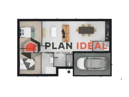 Plan maison plain-pied 2 chambres avec garage et cellier. Idéal pour une famille, ce plan offre un espace de vie lumineux et fonctionnel.