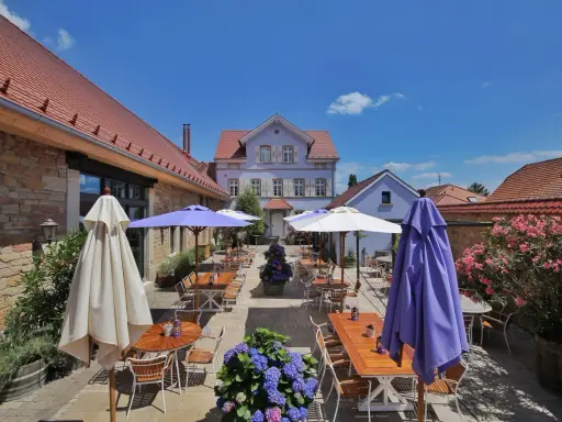 Terrasse eines Weinguts mit Tischen, Stühlen, Sonnenschirmen und Blumen unter blauem Himmel.