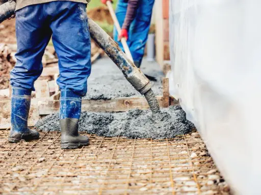 Pracownicy wylewają beton na zbrojenie. Sprawdzamy, jaka jest suchy beton cena 1m3.